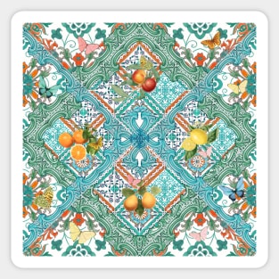 Mediterranean teal tiles, Italian citrus fruit, oranges and lemons Sticker